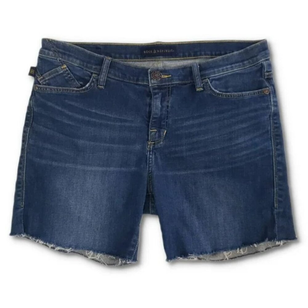 Rock & Republic Women's Blue Medium Wash Bumpershoot Frayed Hem Denim Shorts 16